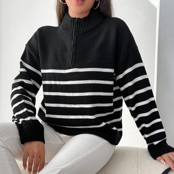 Black And White Preppy Womens Stripe Pattern Half Zipper Drop Shoulder Sweater - Picture 4 of 5